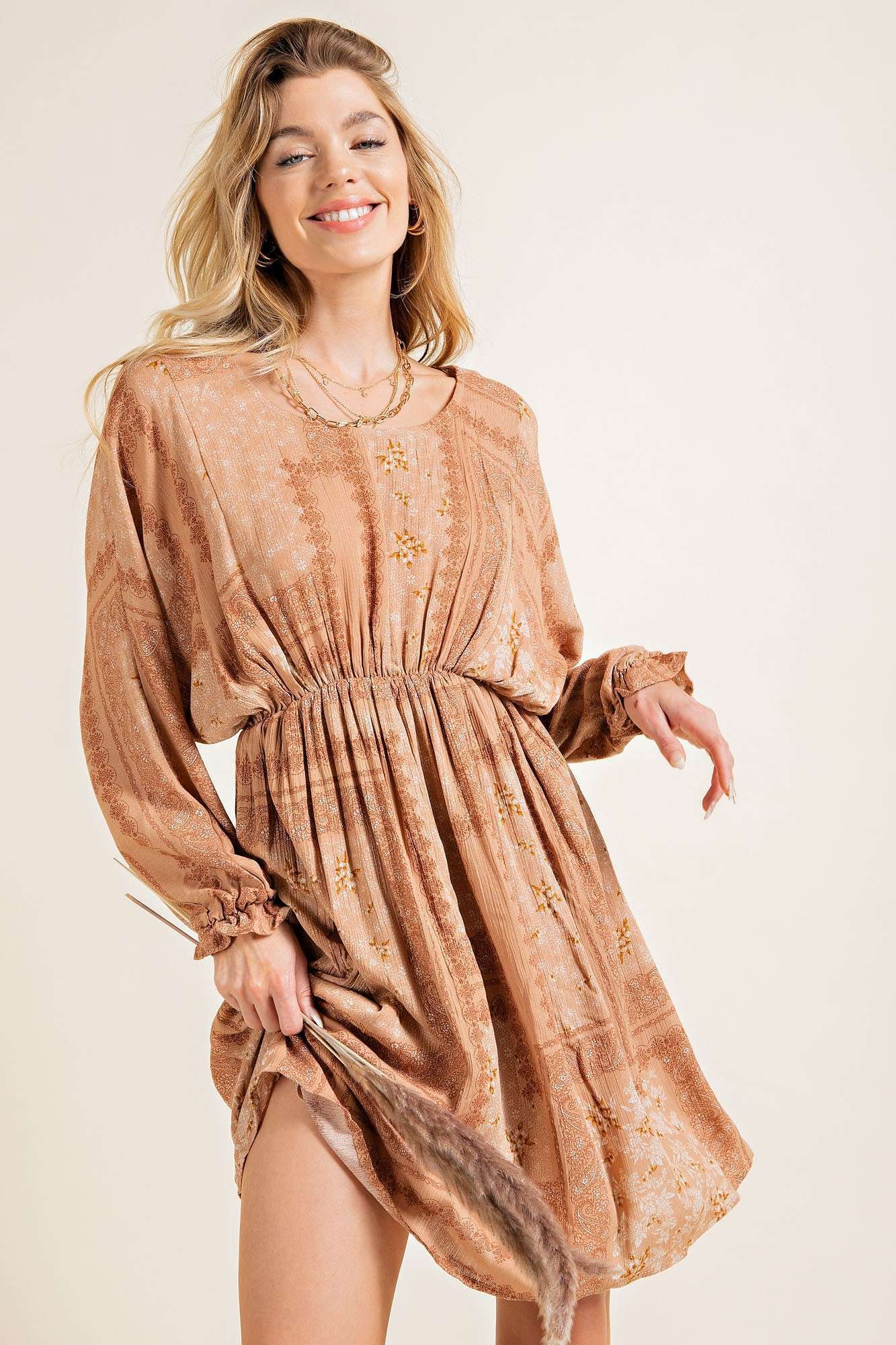 Dolman ruffled edge long sleeve woven mini dress