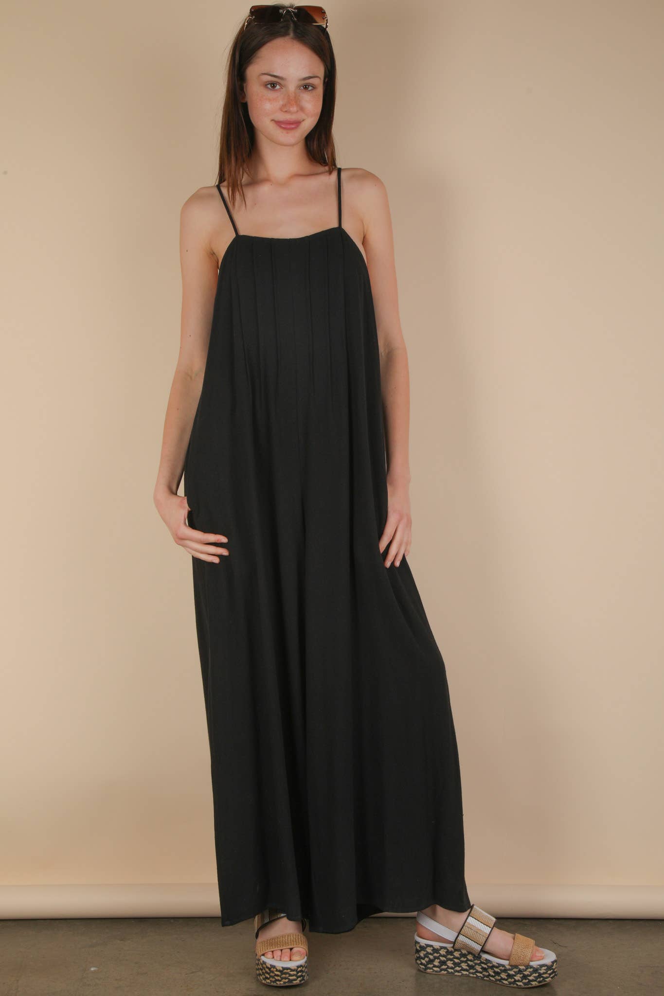 Pleated Solid Woven Sleeveless Jumpsuit