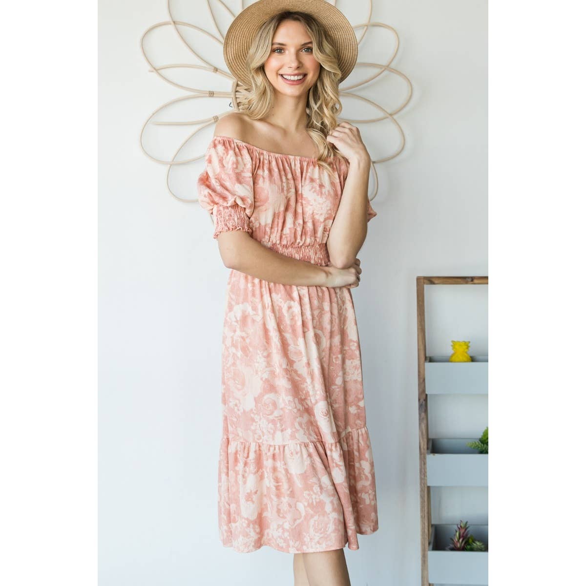 Vintage Floral Square Neck Midi Dress