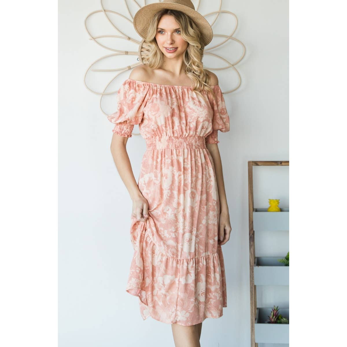 Vintage Floral Square Neck Midi Dress