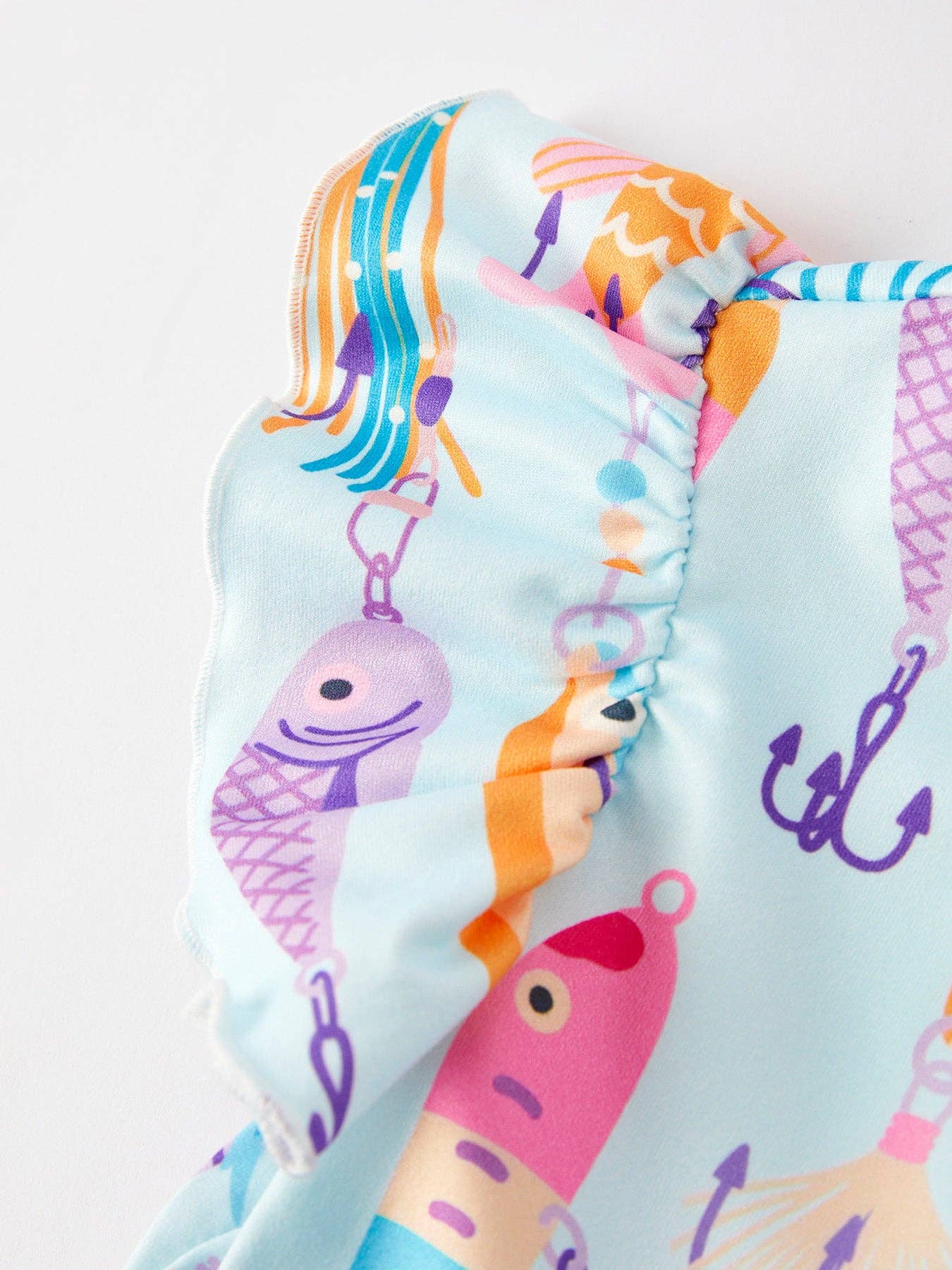 Girls Fish Print Fly Sleeve White Dress