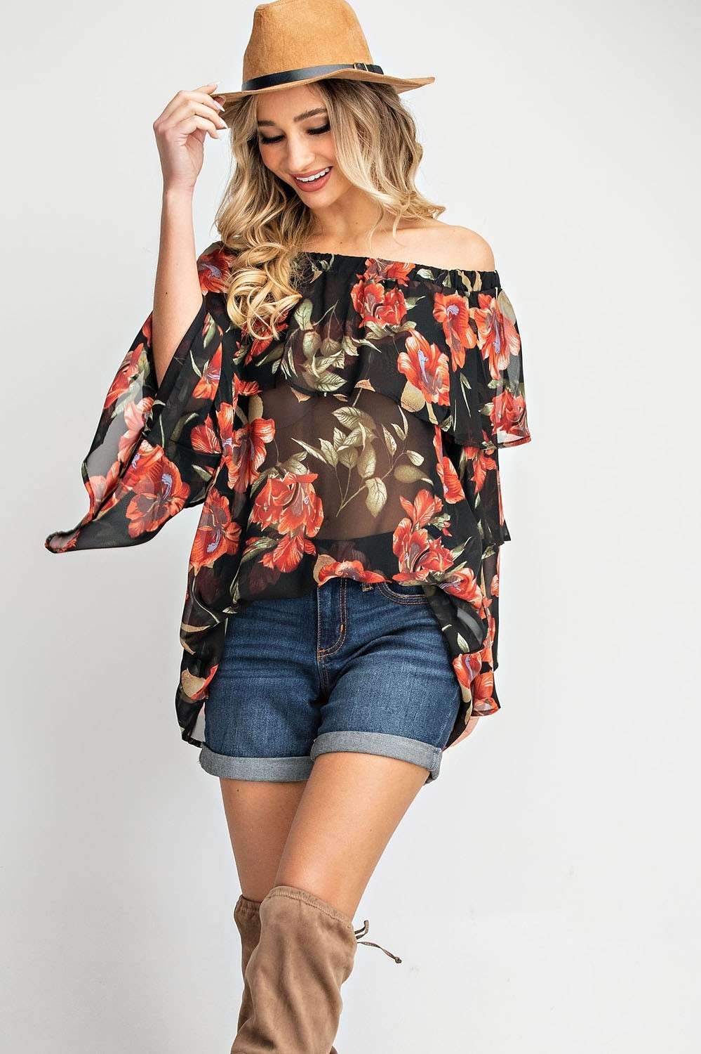 Off shoulder elastic neckline 2 tiered woven floral print