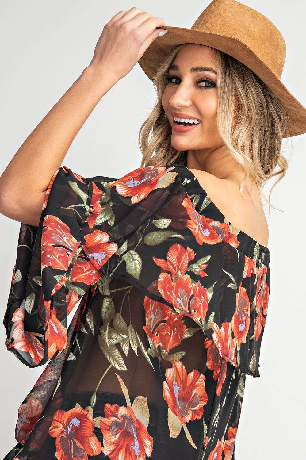 Off shoulder elastic neckline 2 tiered woven floral print