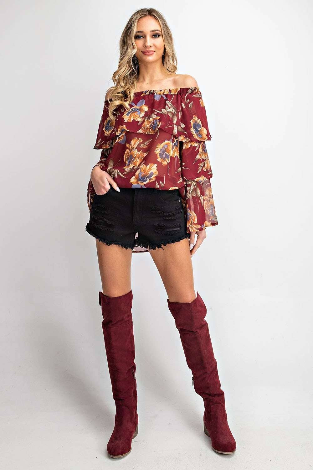 Off shoulder elastic neckline 2 tiered woven floral print