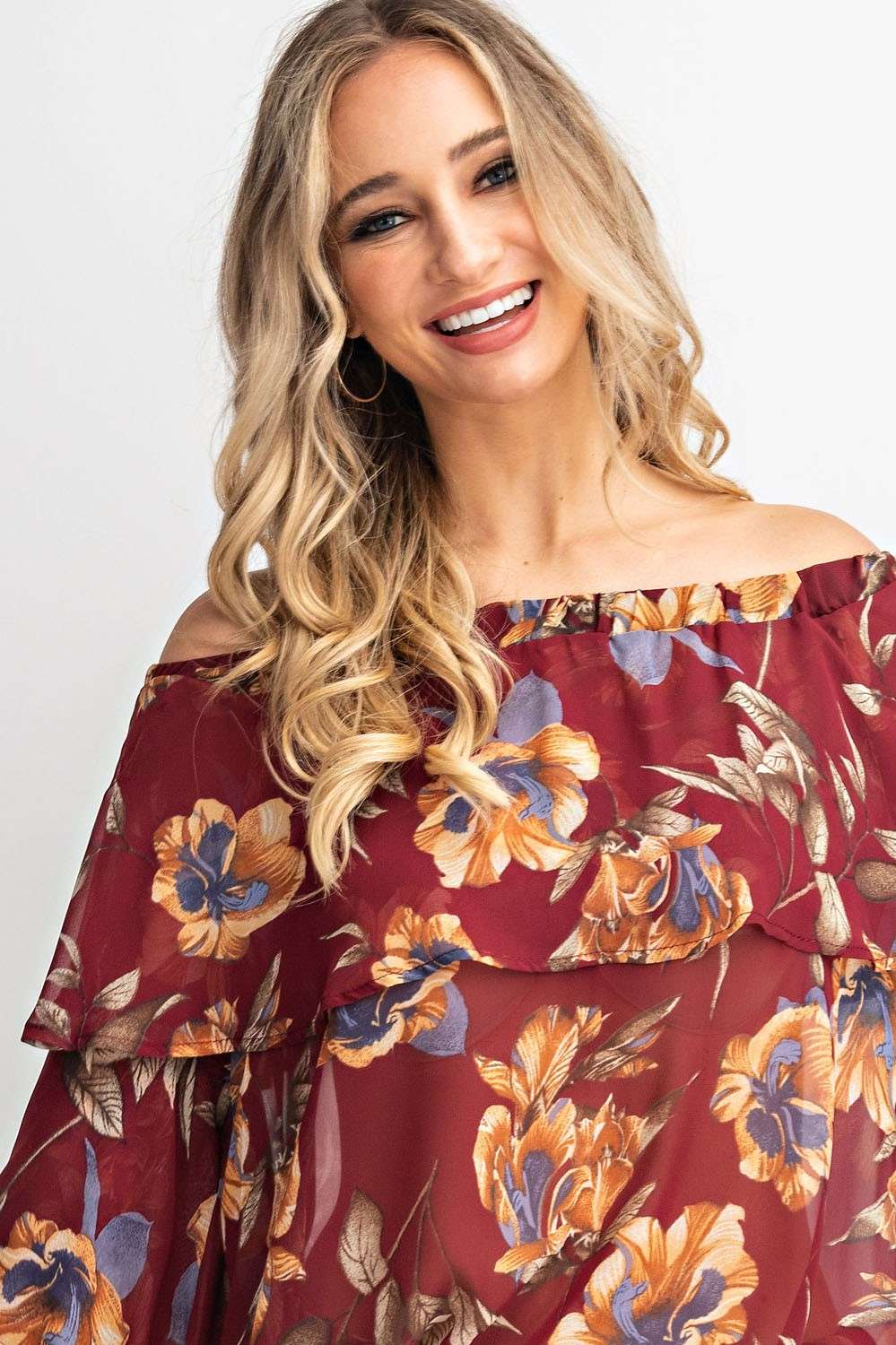 Off shoulder elastic neckline 2 tiered woven floral print