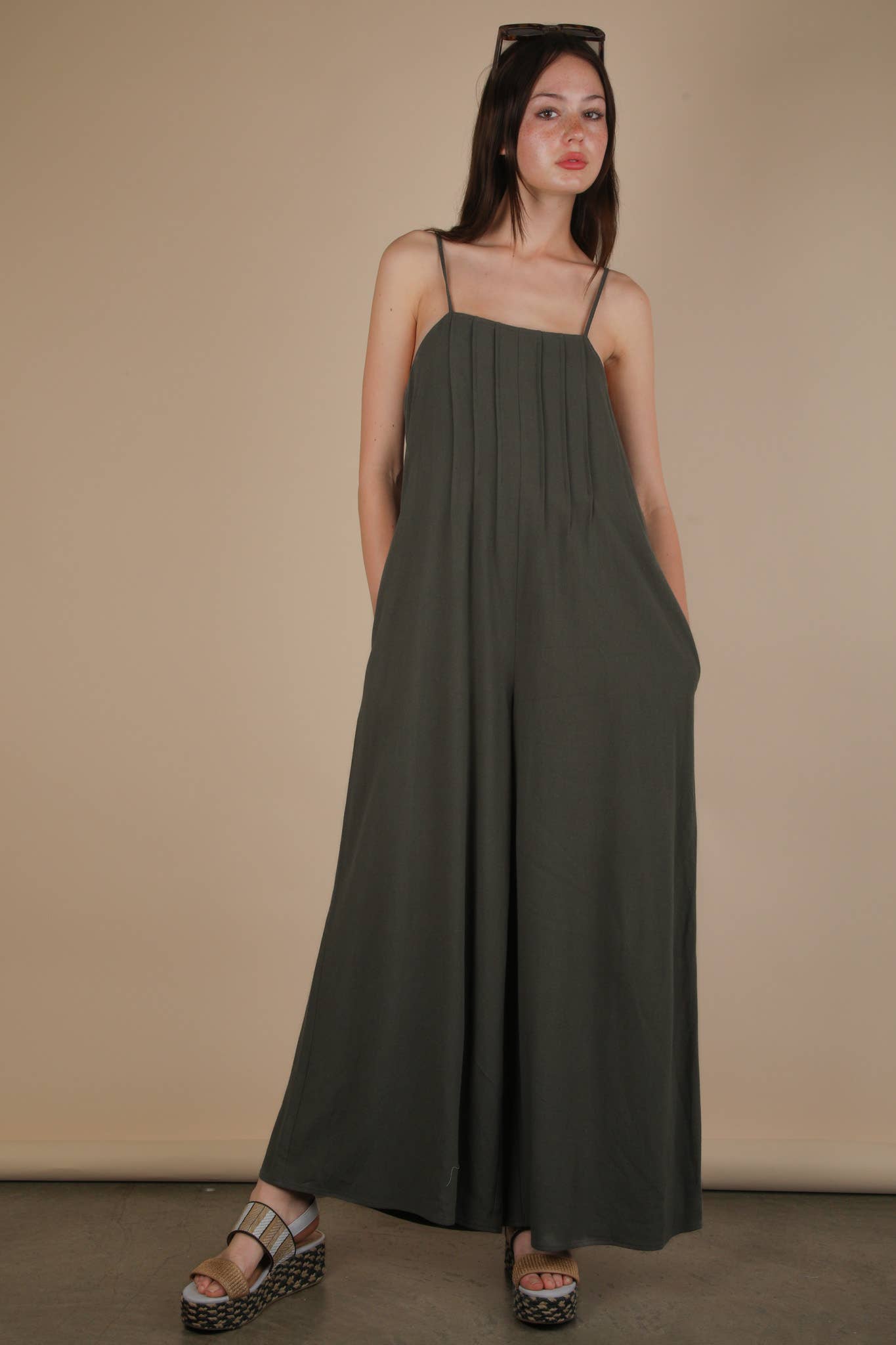 Pleated Solid Woven Sleeveless Jumpsuit
