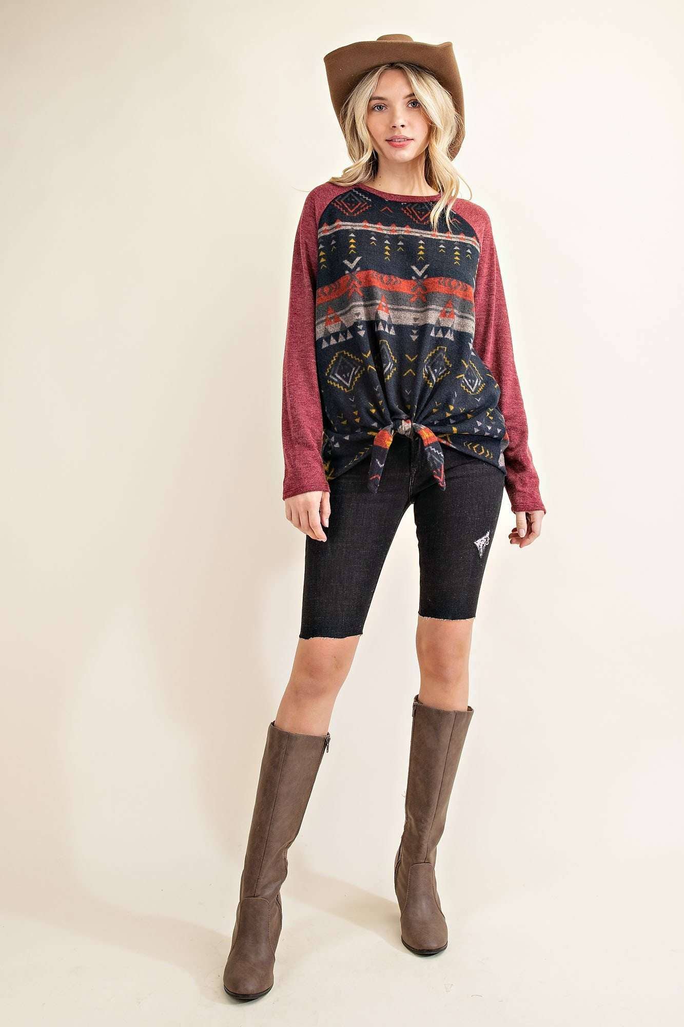 Round neck raglan contrast long sleeve top