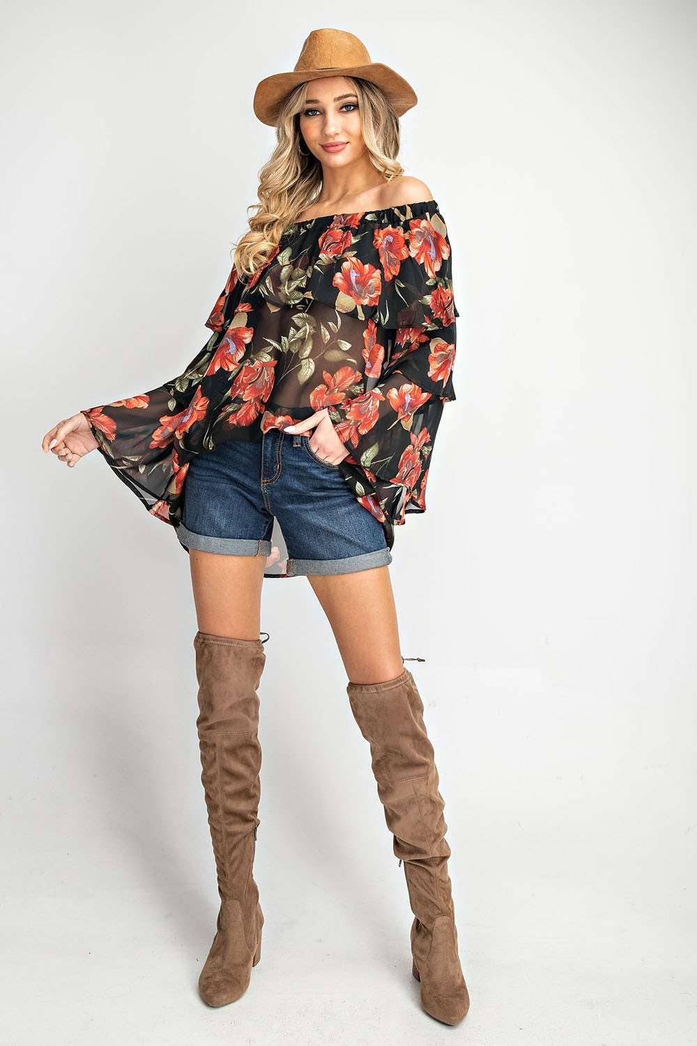 Off shoulder elastic neckline 2 tiered woven floral print