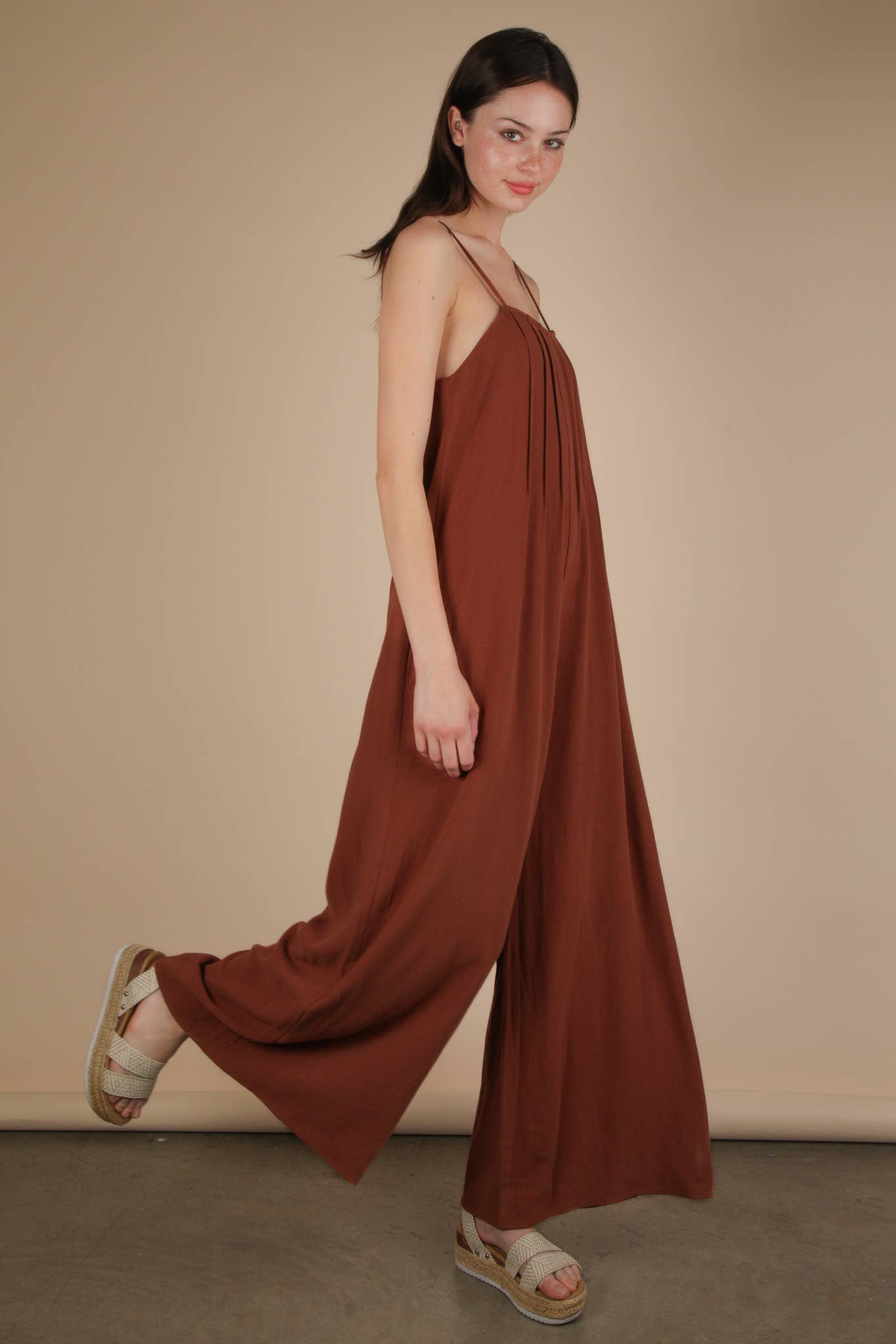 Pleated Solid Woven Sleeveless Jumpsuit