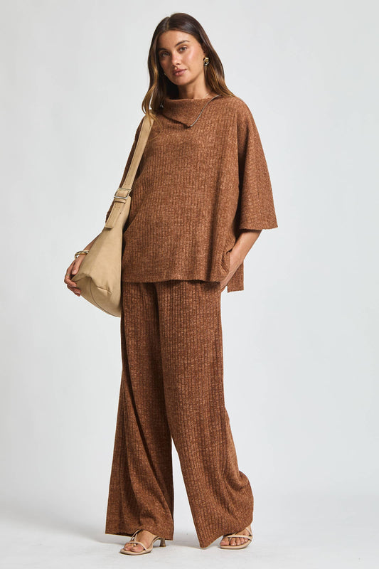 Brushed Ribbed 2-Piece Poncho & Pant Set