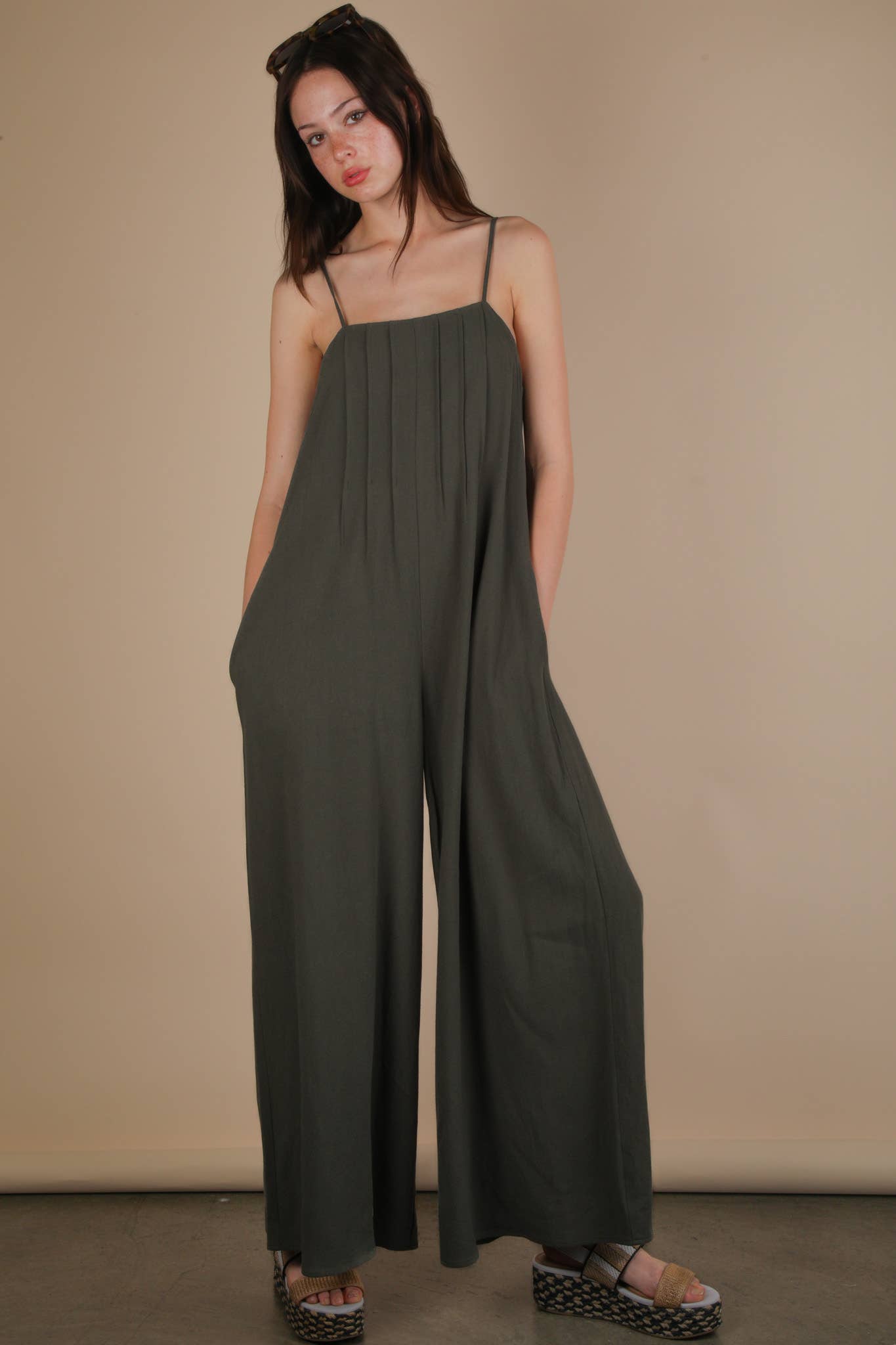 Pleated Solid Woven Sleeveless Jumpsuit