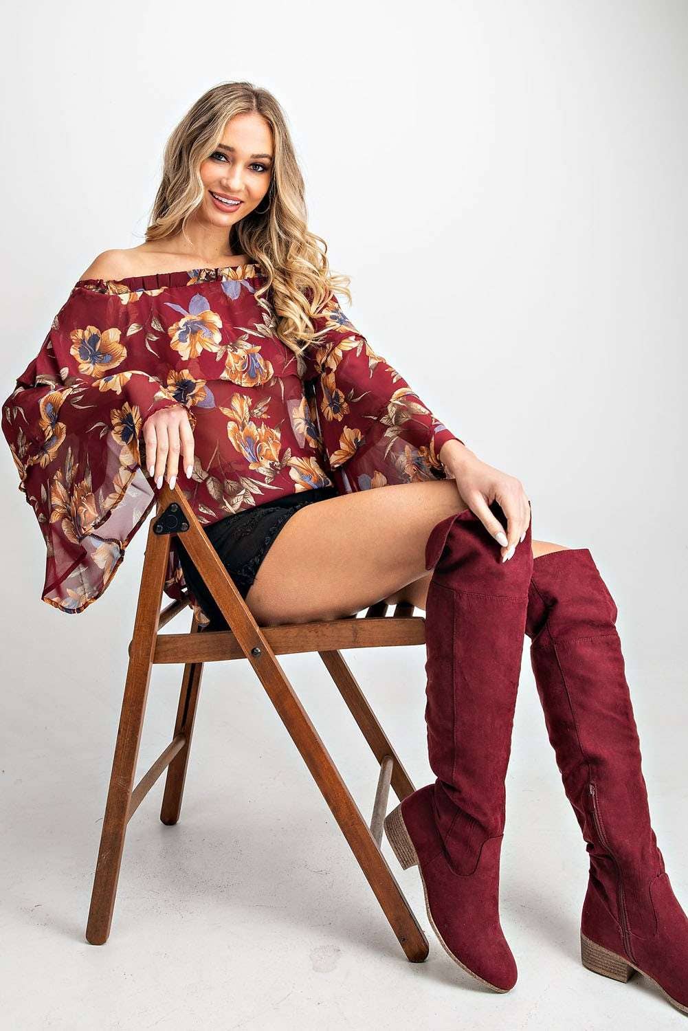 Off shoulder elastic neckline 2 tiered woven floral print