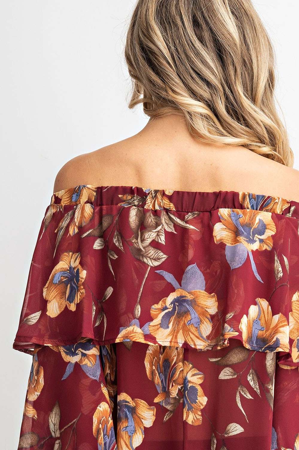 Off shoulder elastic neckline 2 tiered woven floral print