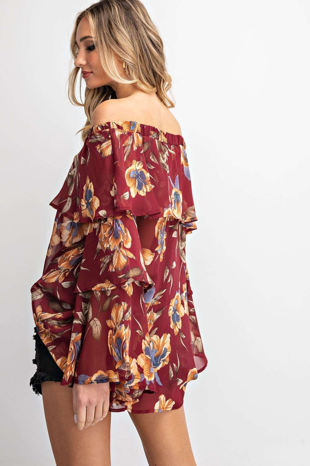 Off shoulder elastic neckline 2 tiered woven floral print
