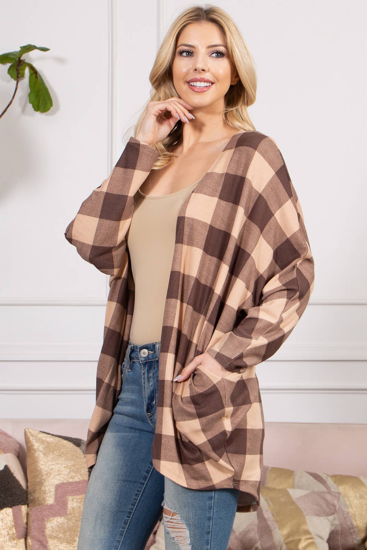 Plaid open front cardigan
