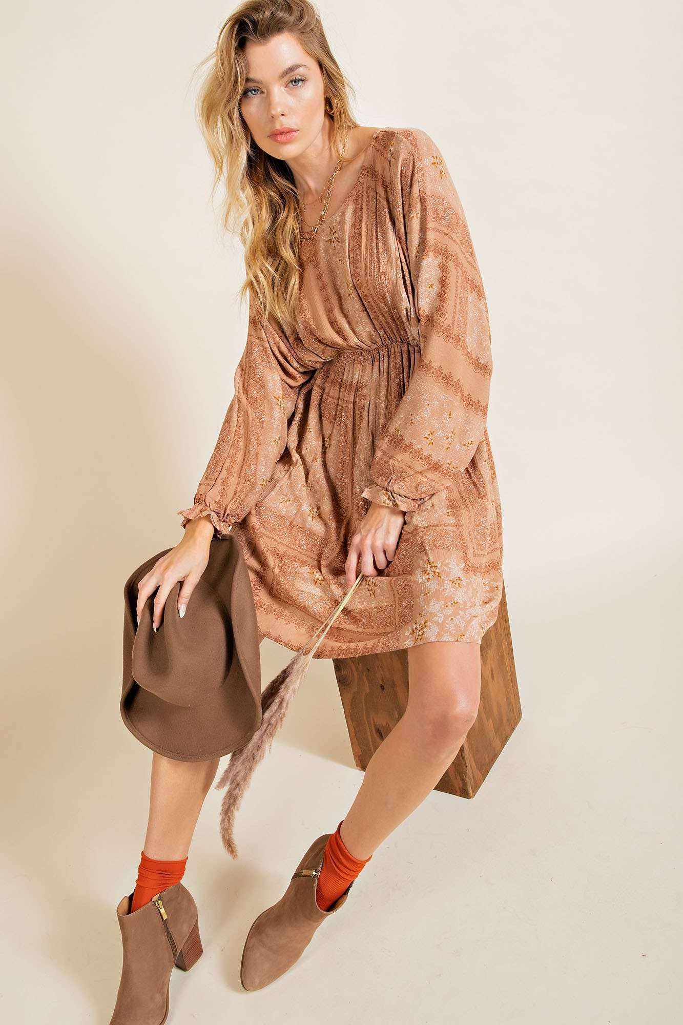 Dolman ruffled edge long sleeve woven mini dress