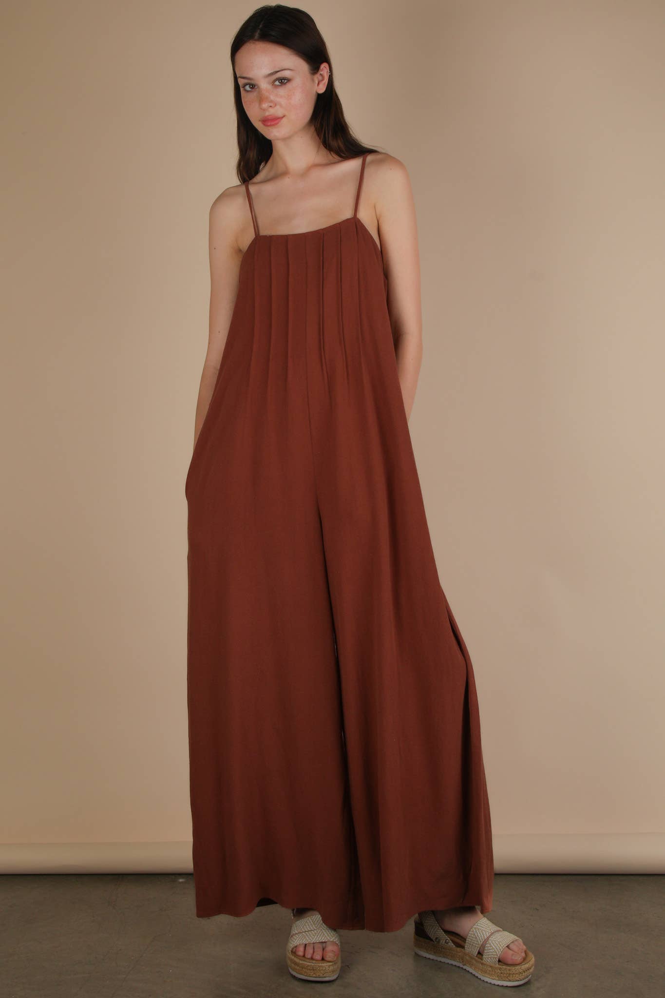 Pleated Solid Woven Sleeveless Jumpsuit