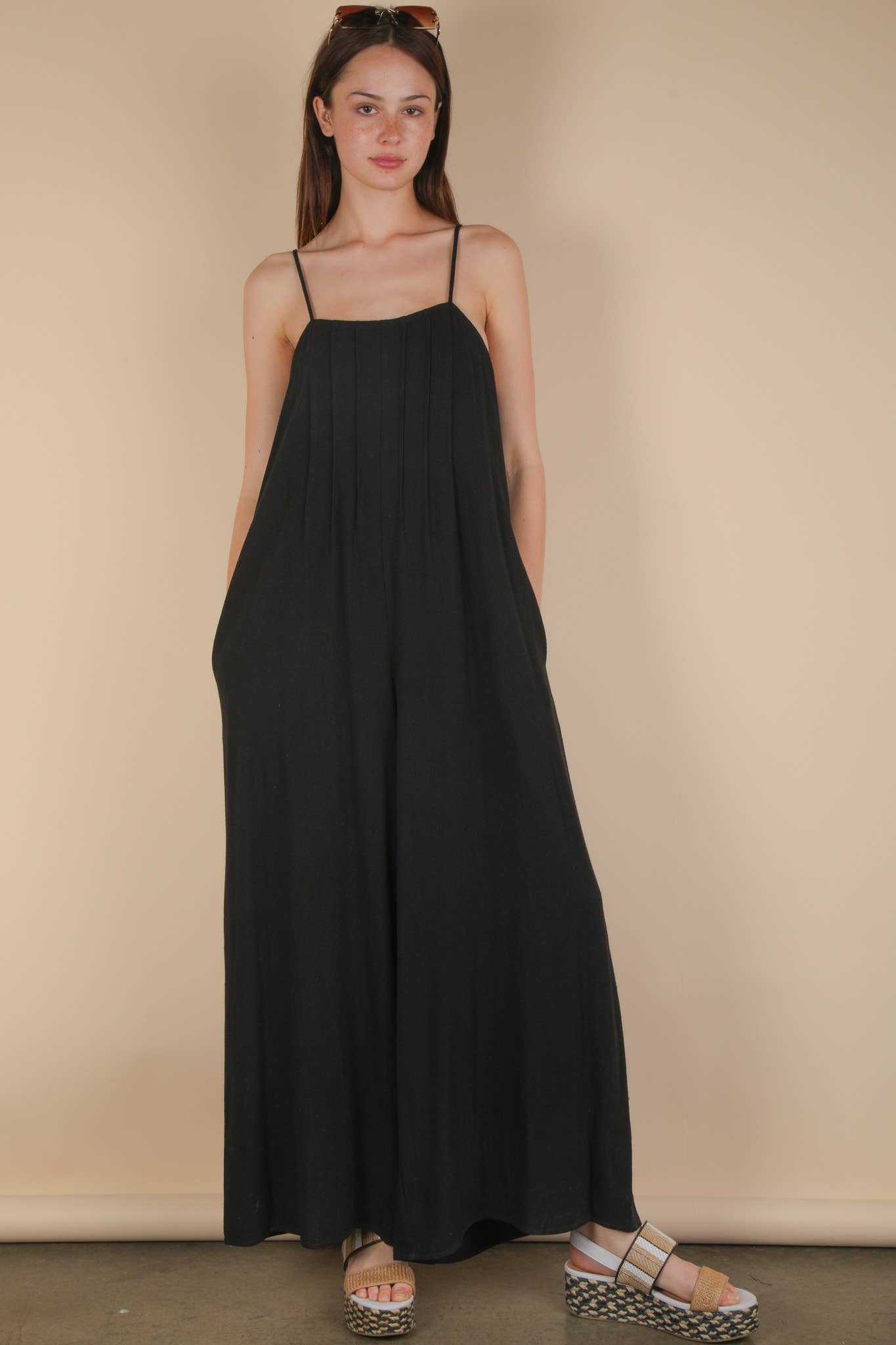 Pleated Solid Woven Sleeveless Jumpsuit