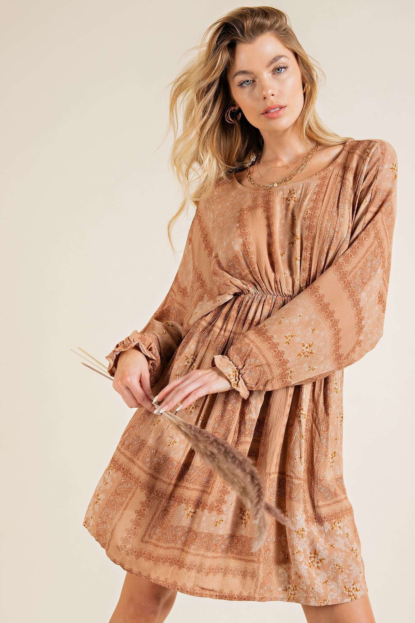Dolman ruffled edge long sleeve woven mini dress