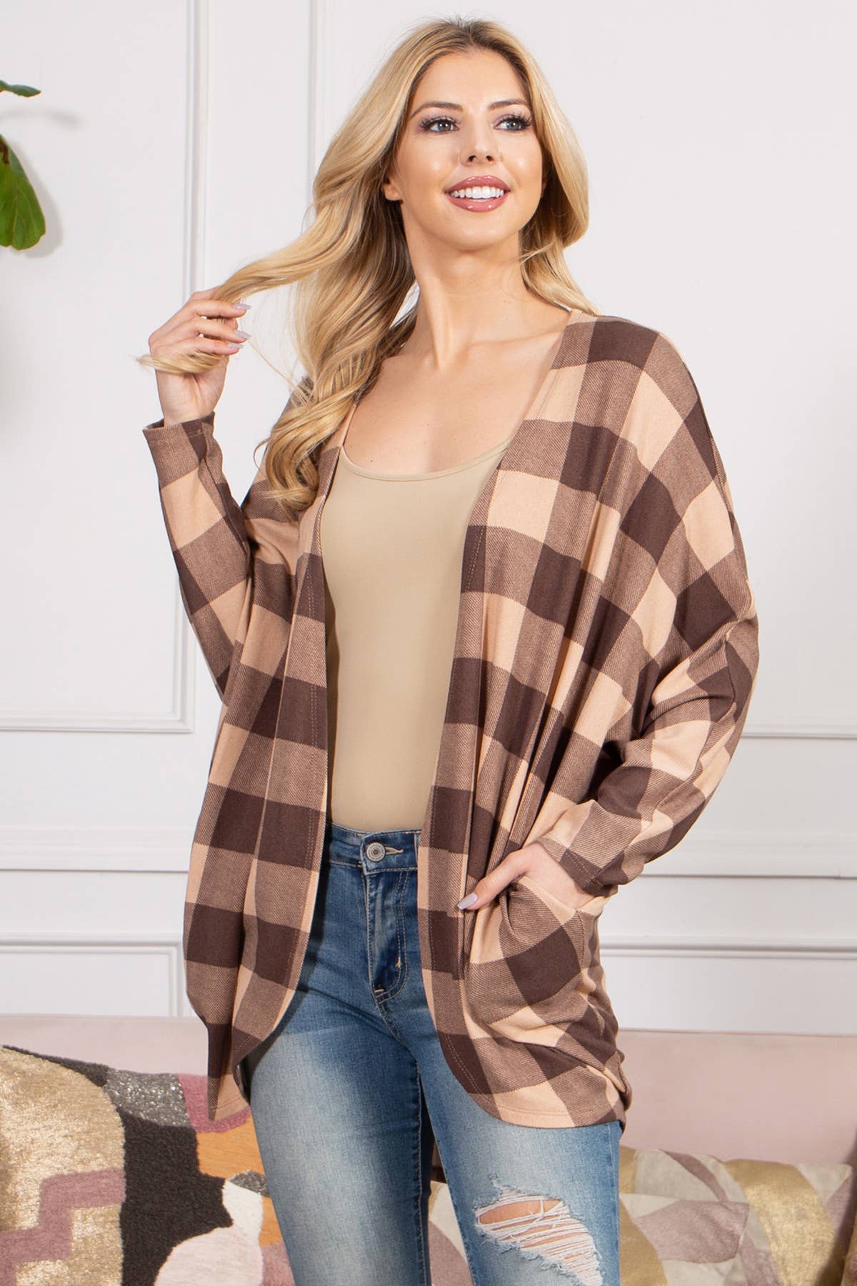 Plaid open front cardigan
