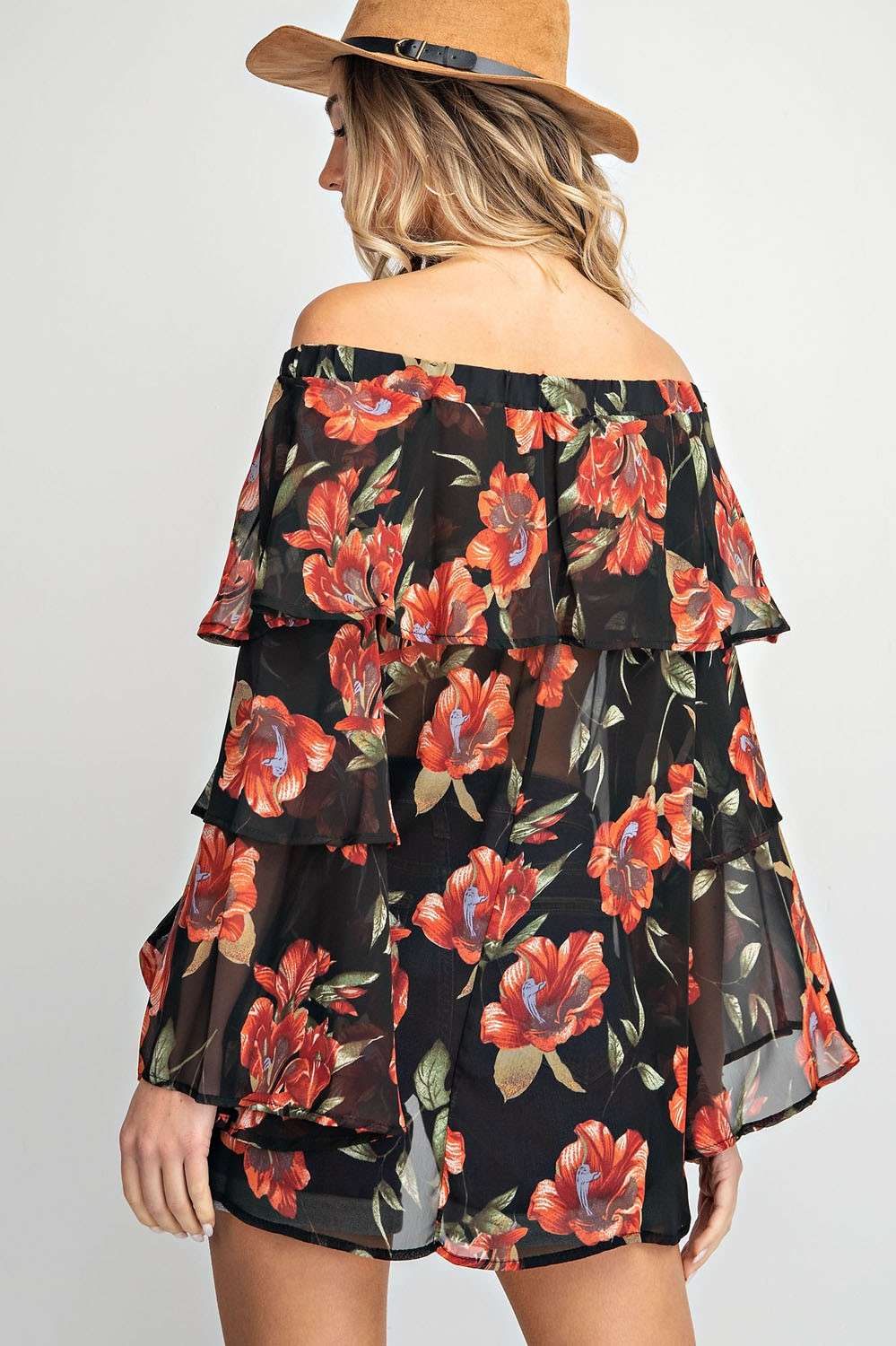 Off shoulder elastic neckline 2 tiered woven floral print