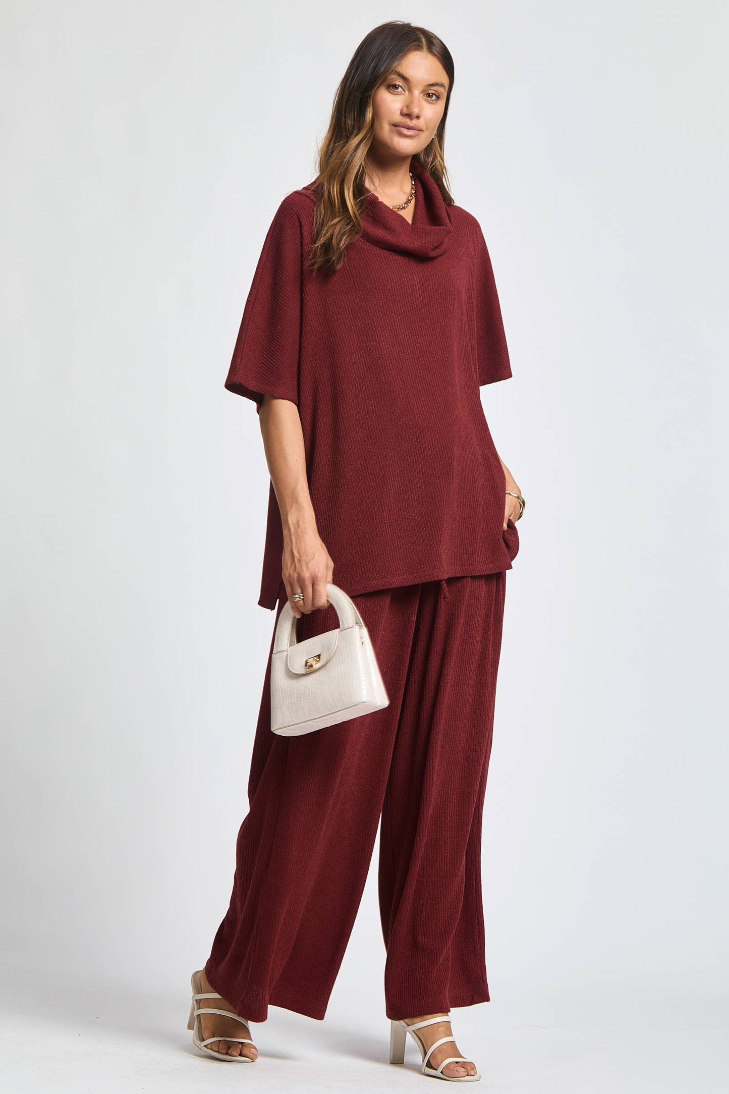 Cowl Neck Top + Relaxed Pants 2 Piece Set
