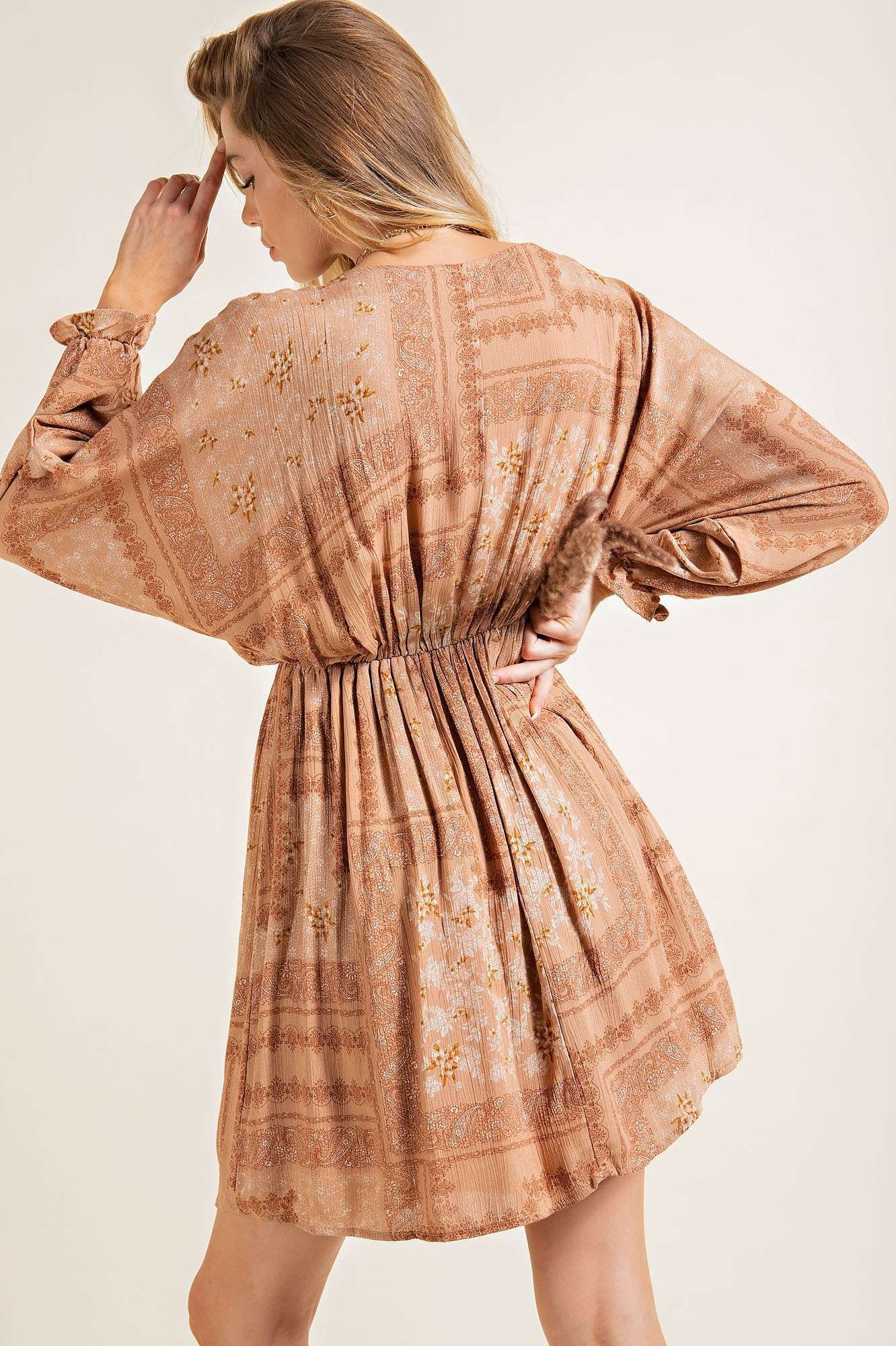 Dolman ruffled edge long sleeve woven mini dress