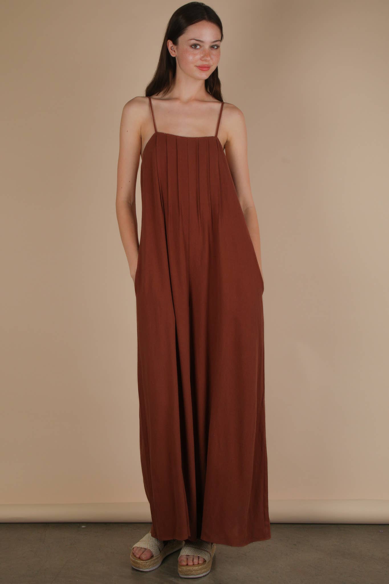 Pleated Solid Woven Sleeveless Jumpsuit