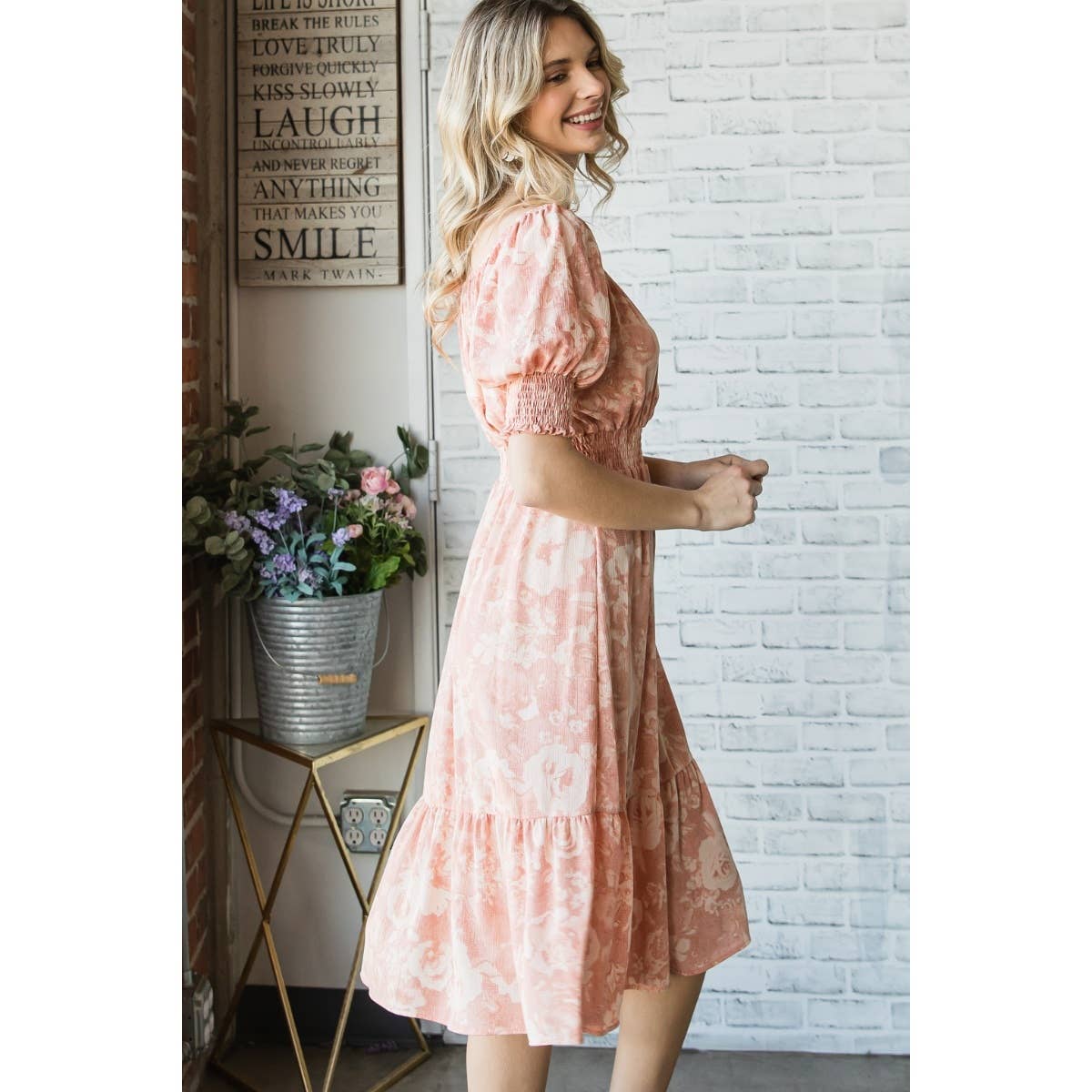 Vintage Floral Square Neck Midi Dress