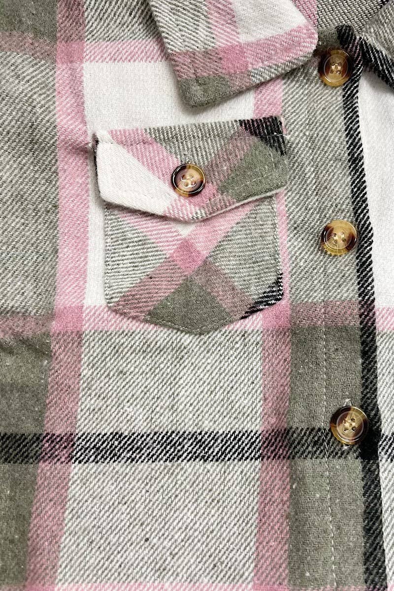 GRAY, PINK & BLACK PLAID PRINTED BUTTON UP SHIRT. TPG651122256