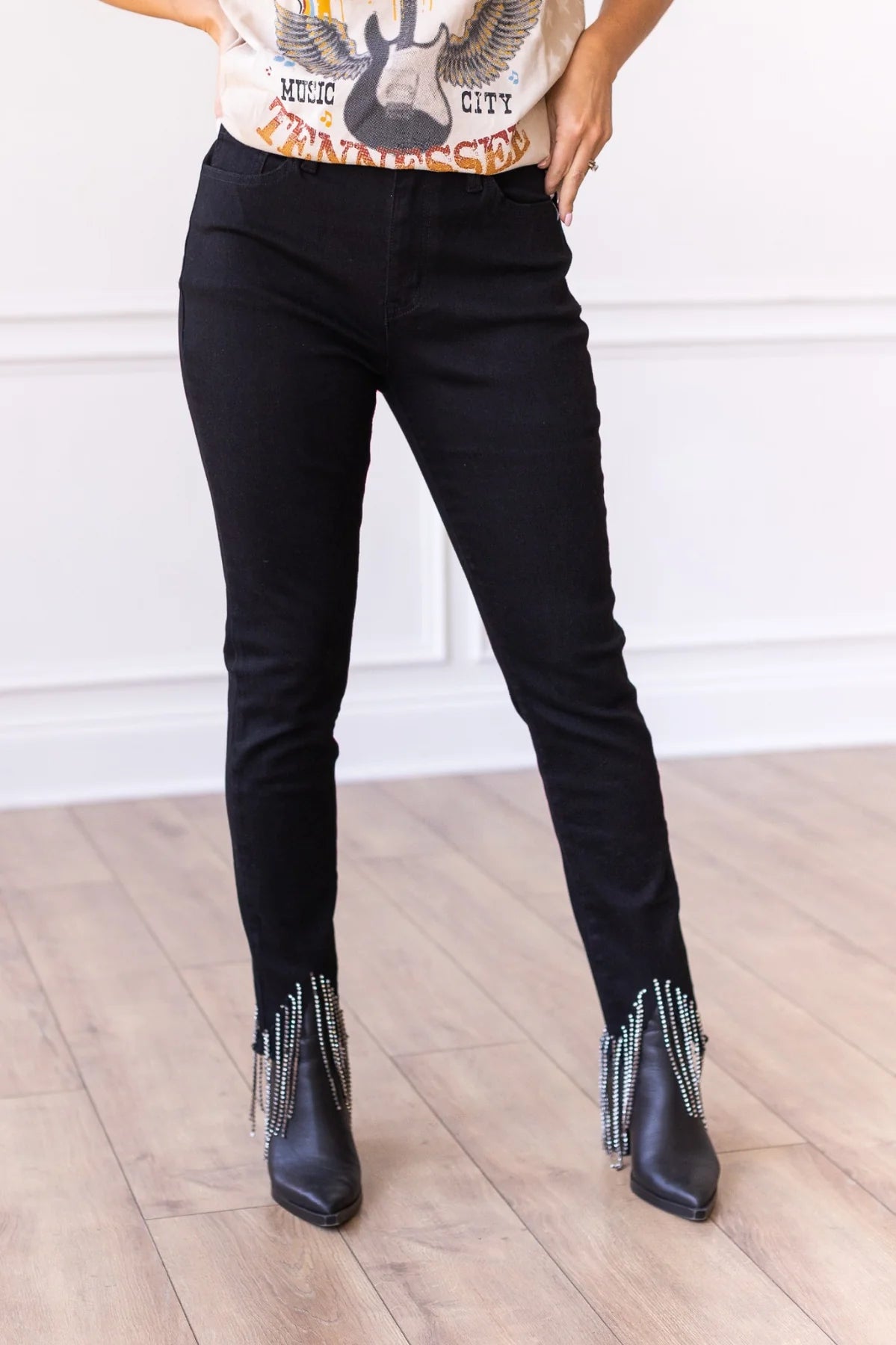 THE GEMMA BLACK SKINNY JEANS WITH RHINESTONE FRINGE DETAIL