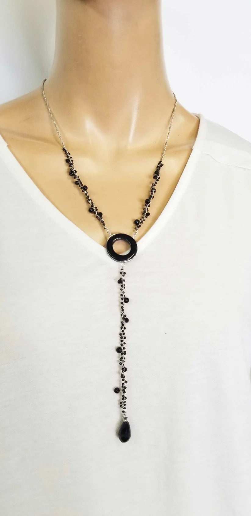 Necklace Black Beads Silver Tone