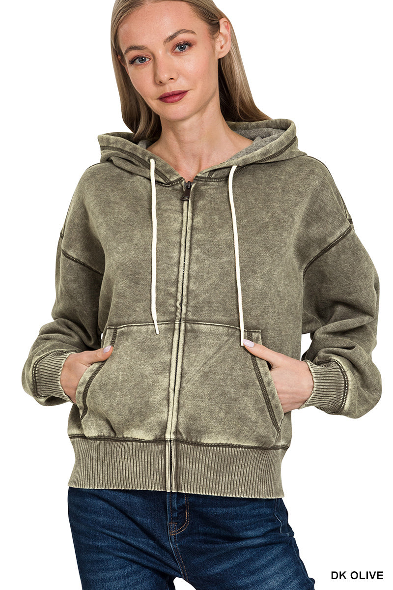 ACID WASH FLEECE CROPPED ZIP-UP HOODIE W POCKETS