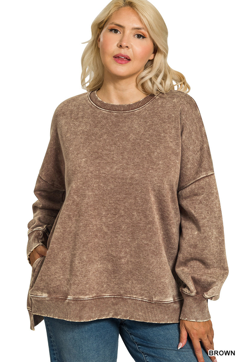 PLUS ACID WASH FLEECE HI-LOW HEM PULLOVER