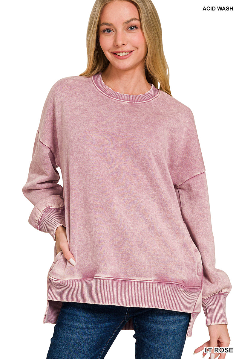 ACID WASH FLEECE HI-LOW HEM PULLOVER