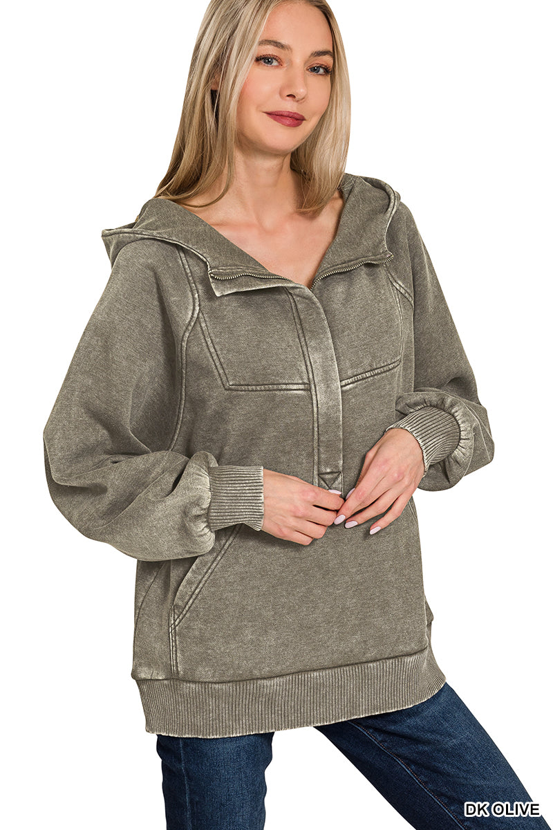 ACID WASH FLEECE OVERSIZED 1/4 ZIP KANGAROO HOODIE
