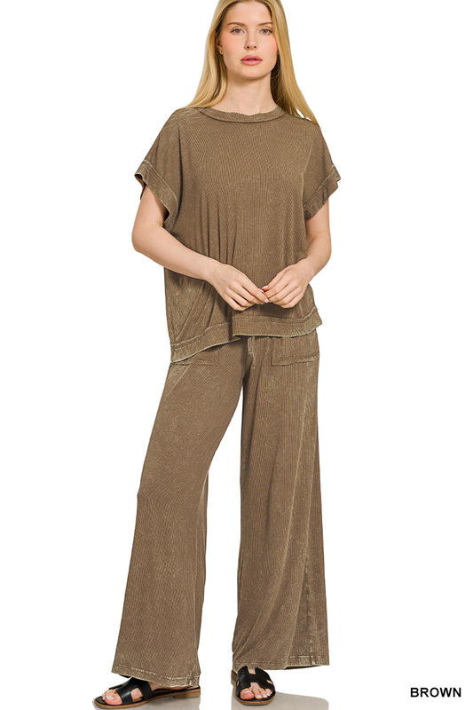 RIBBED ACID WASH RAYON TOP & PANTS SET