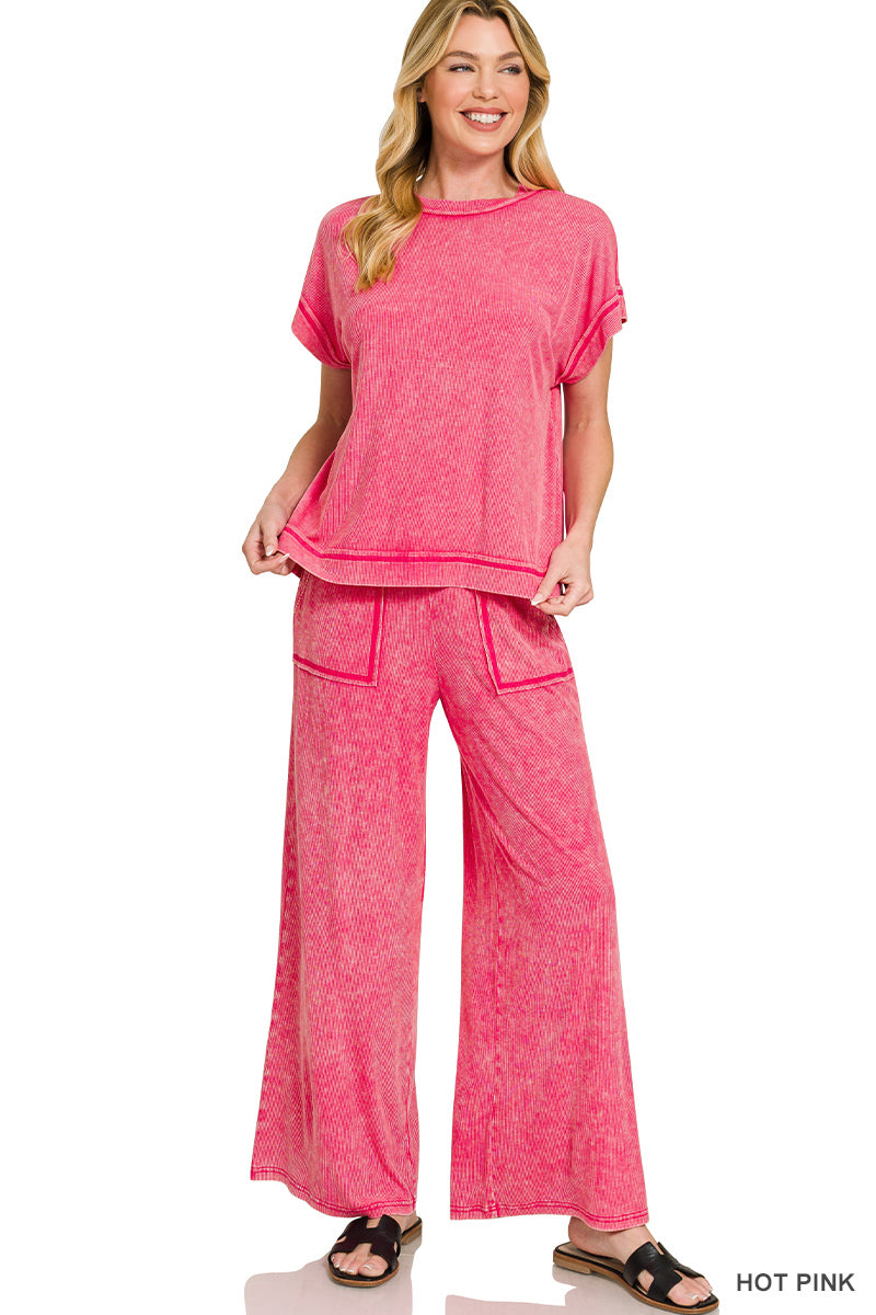 RIBBED ACID WASH RAYON TOP & PANTS SET