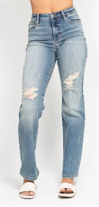 Judy Blue High Waist Dad Straight W/ Harsh Tint & Destroy Jeans 82641