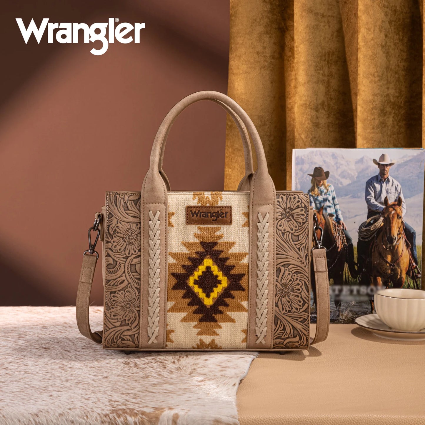 Wrangler Tooled Aztec Pattern Print Concealed Carry Tote/Crossbody
