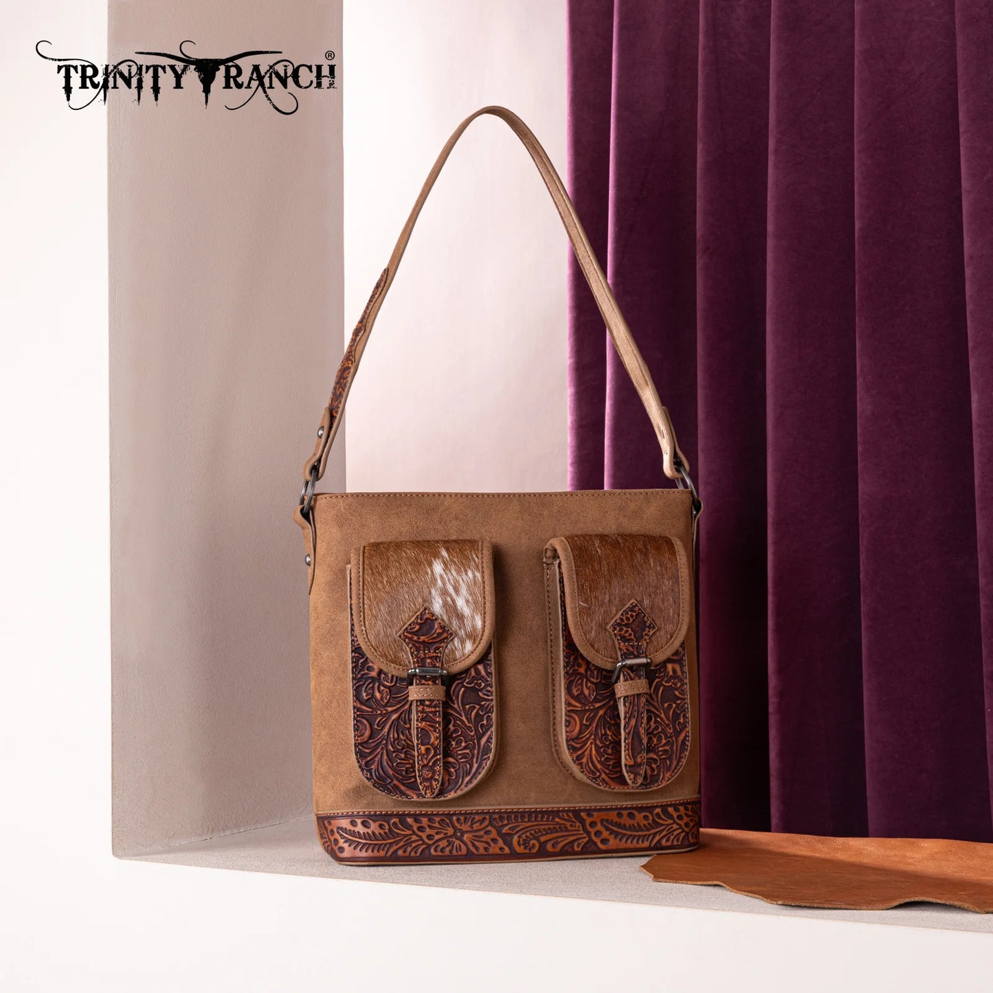 Trinity Ranch Genuine Hair-On Cowhide Tooled Concealed Carry Hobo Bag