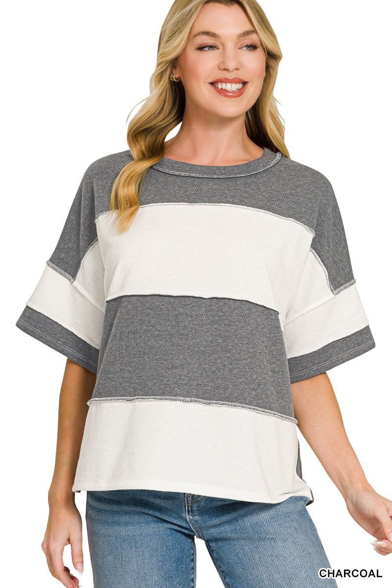 FRENCH TERRY COLOR BLOCK EXPOSED SEAM TOP