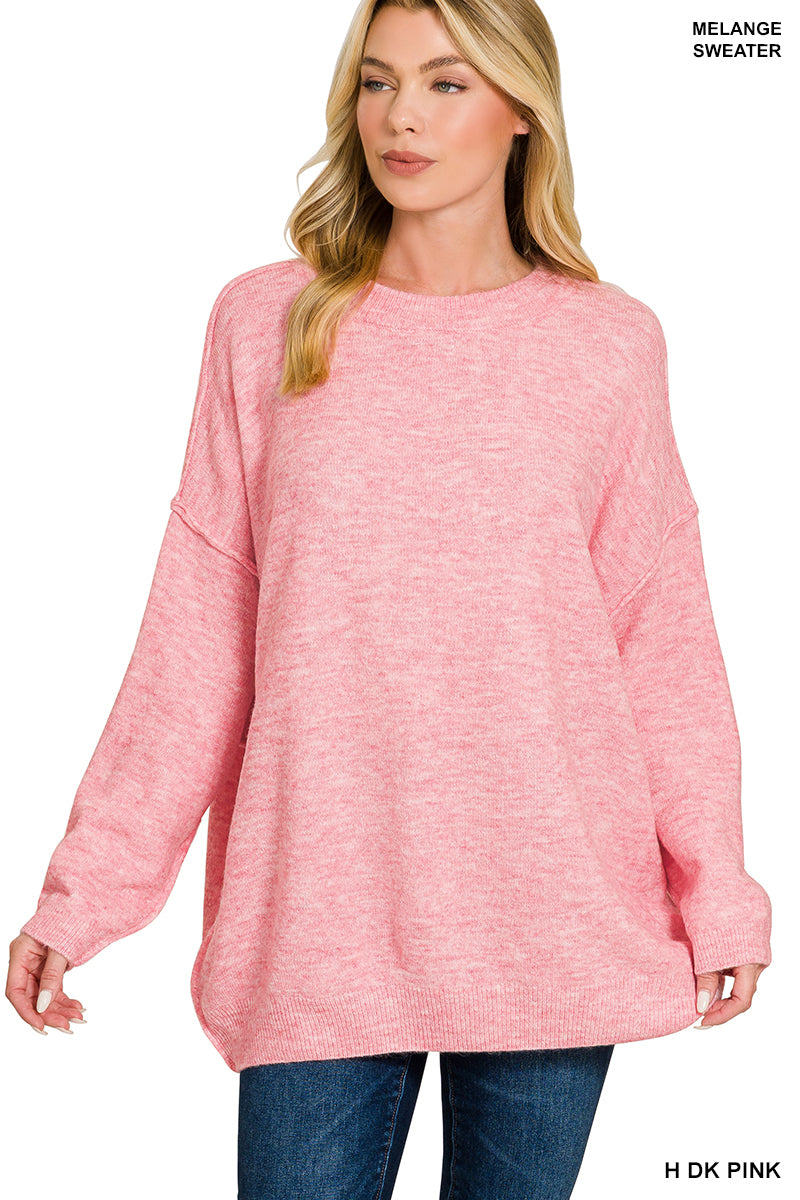OVERSIZED ROUND NECK RAW SEAM MELANGE SWEATER