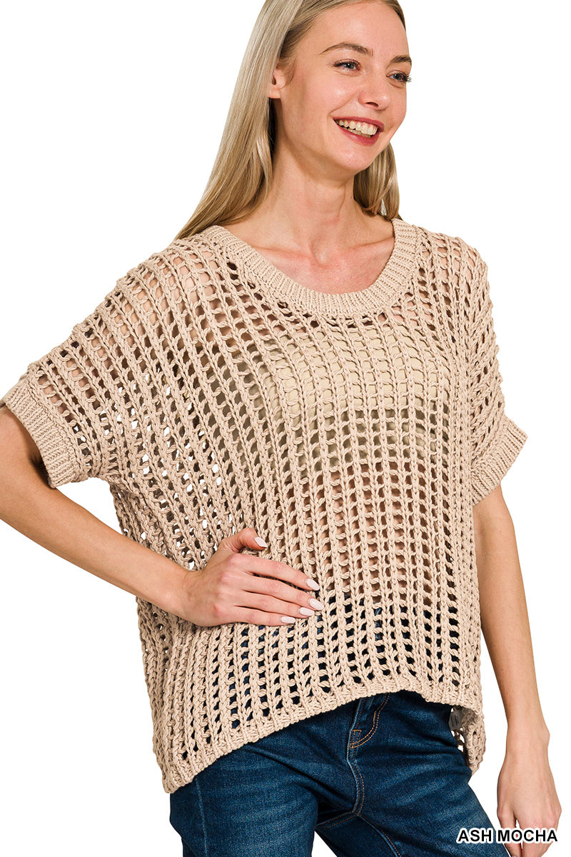 FISH NET SHORT SLEEVE CROCHET SWEATER