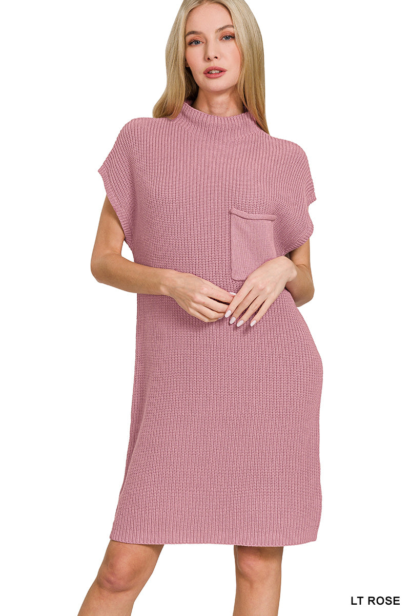 MOCK NECK SHORT SLEEVE SWEATER DRESS WITH POCKET