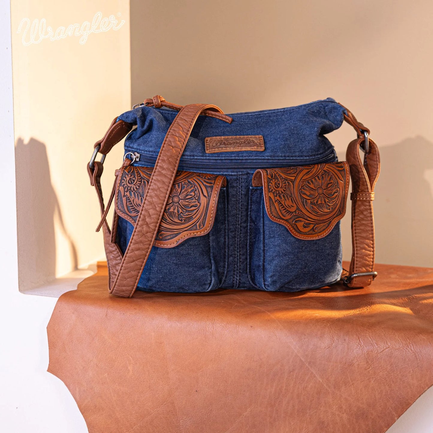 Montana West Wrangler Floral Tooled Denim Crossbody