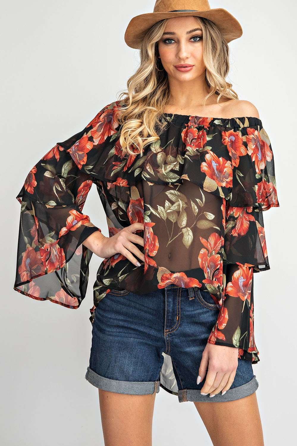 Off shoulder elastic neckline 2 tiered woven floral print
