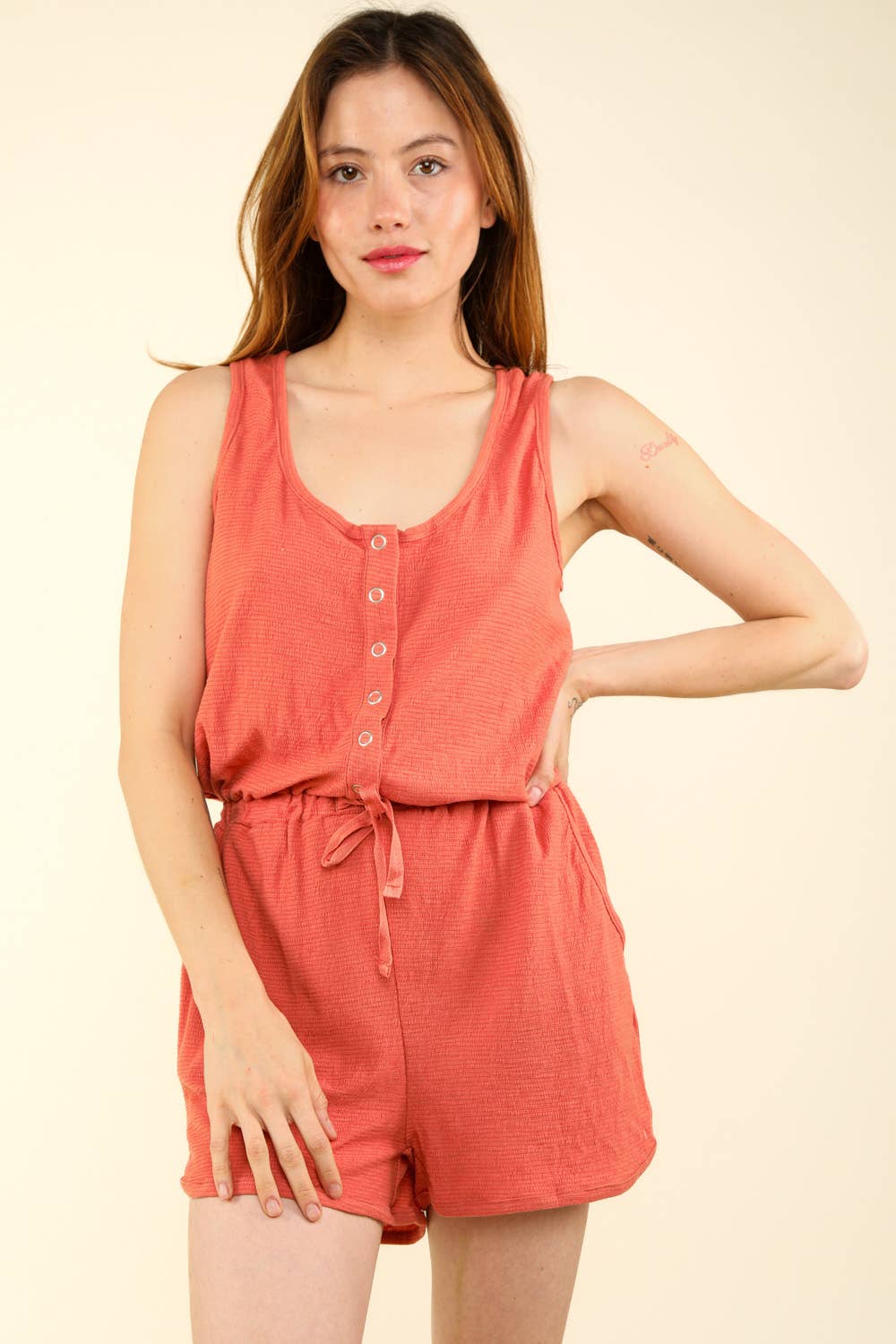 Metal snap button down romper