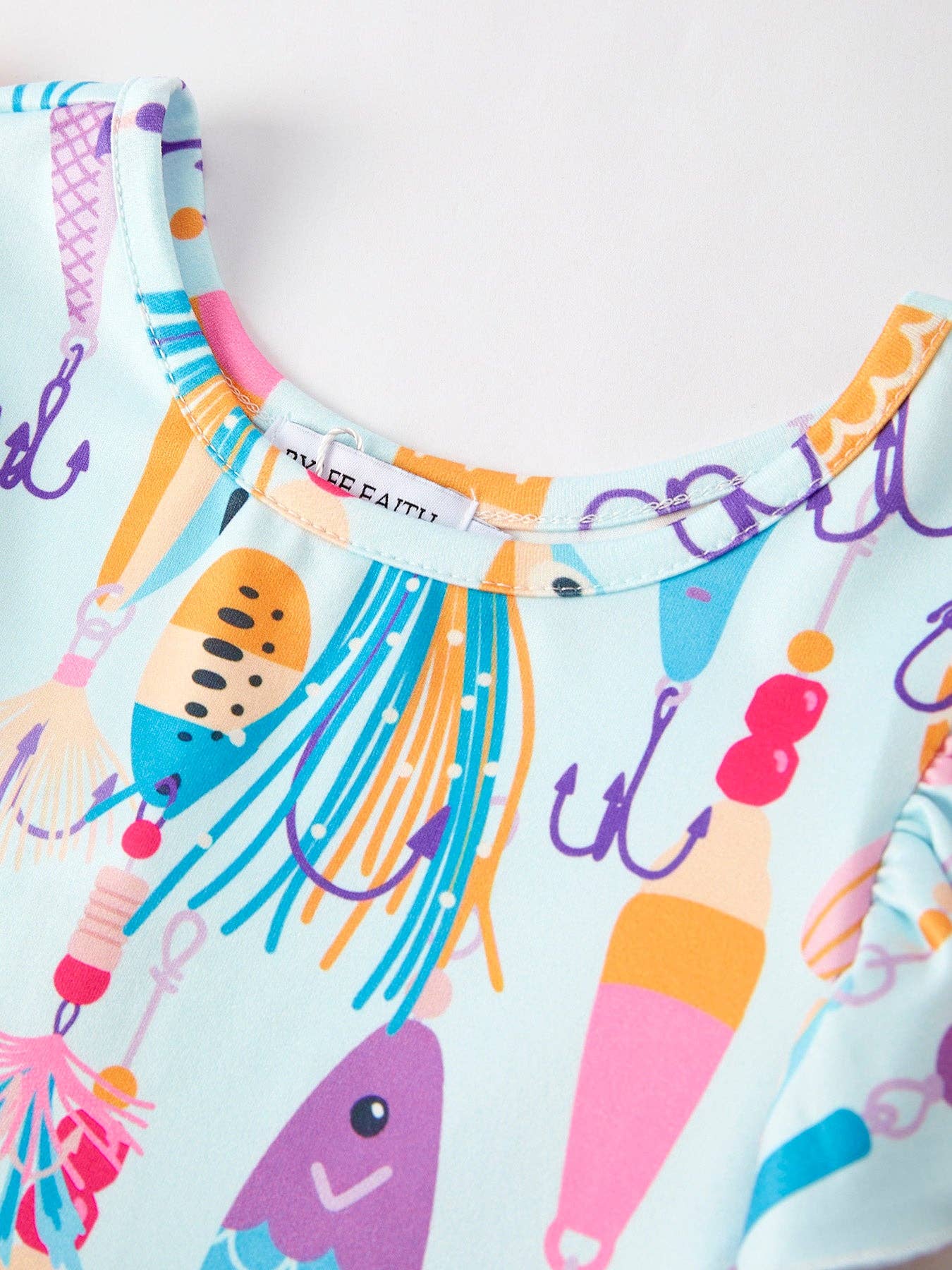 Girls Fish Print Fly Sleeve White Dress