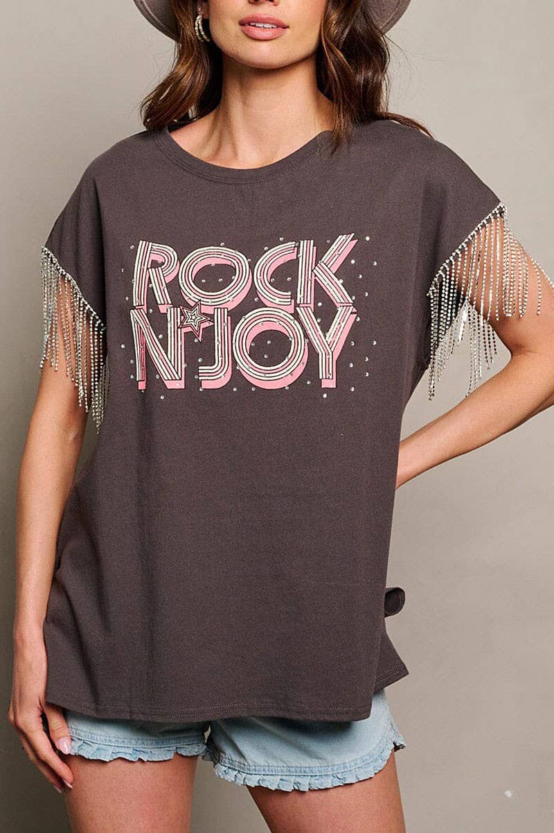 SHORT SLEEVE STUDS FRINGE GRAPHIC TOP